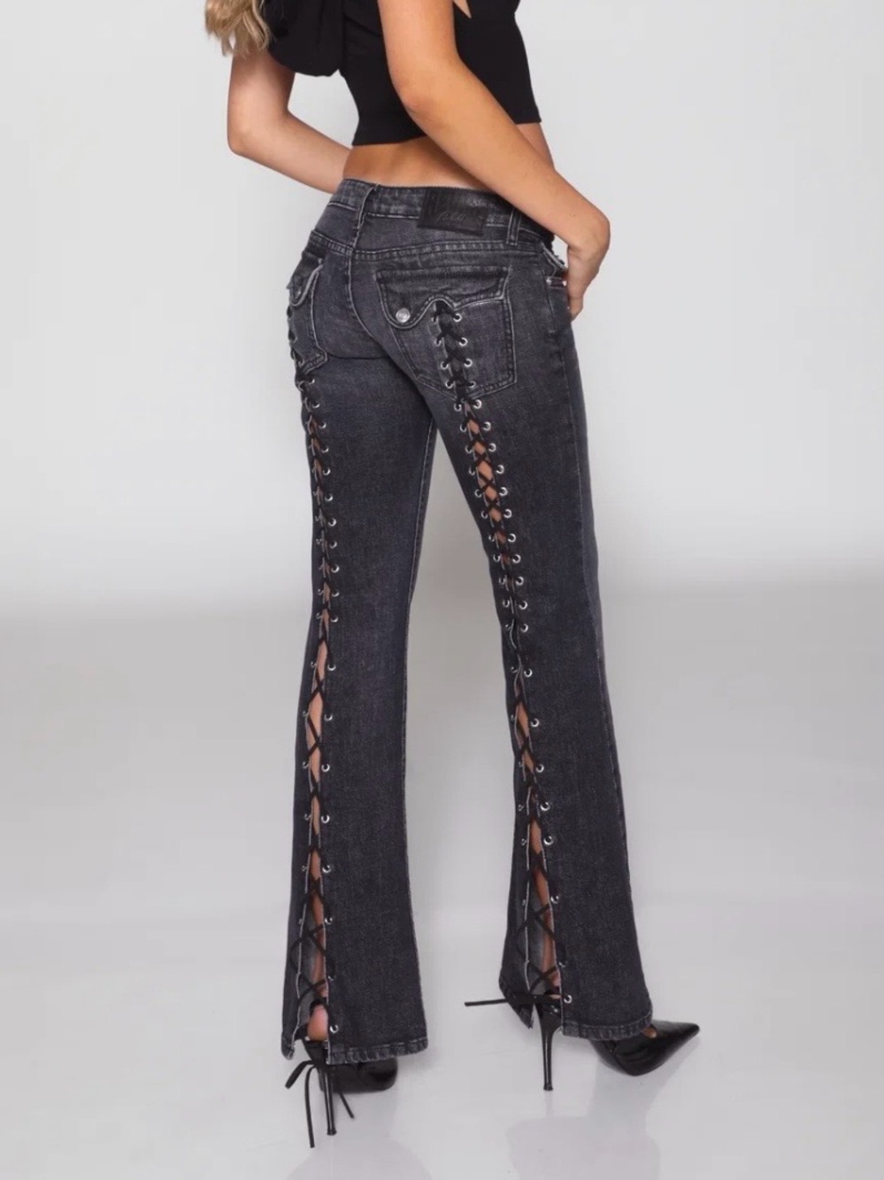 NWT ReVice 26 icon Gibson nightfall lace up back black flare jeans low rise